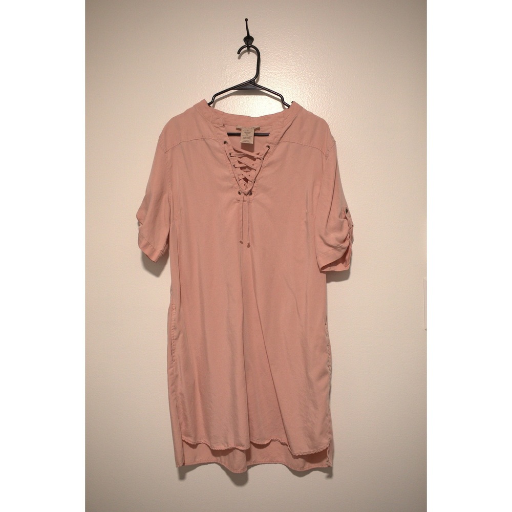 Philosophy Women XL Rose Pink Tencel Lace Up Roll Tab Sleeve Shift Dress Pocket